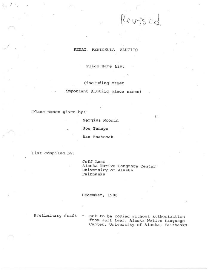 Kenai Peninsula Alutiiq Place Name List